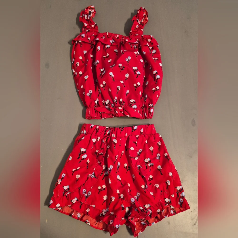 Red Floral Top And Shorts Set
